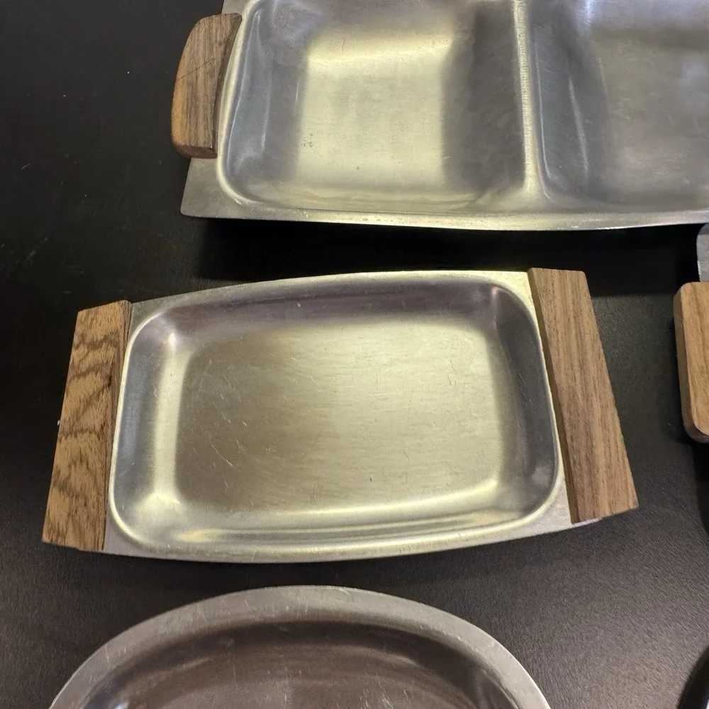 Vintage Imperial‎ Japan Relish Dish Tray Wooden Handles Set Of 5 Stainless MCM